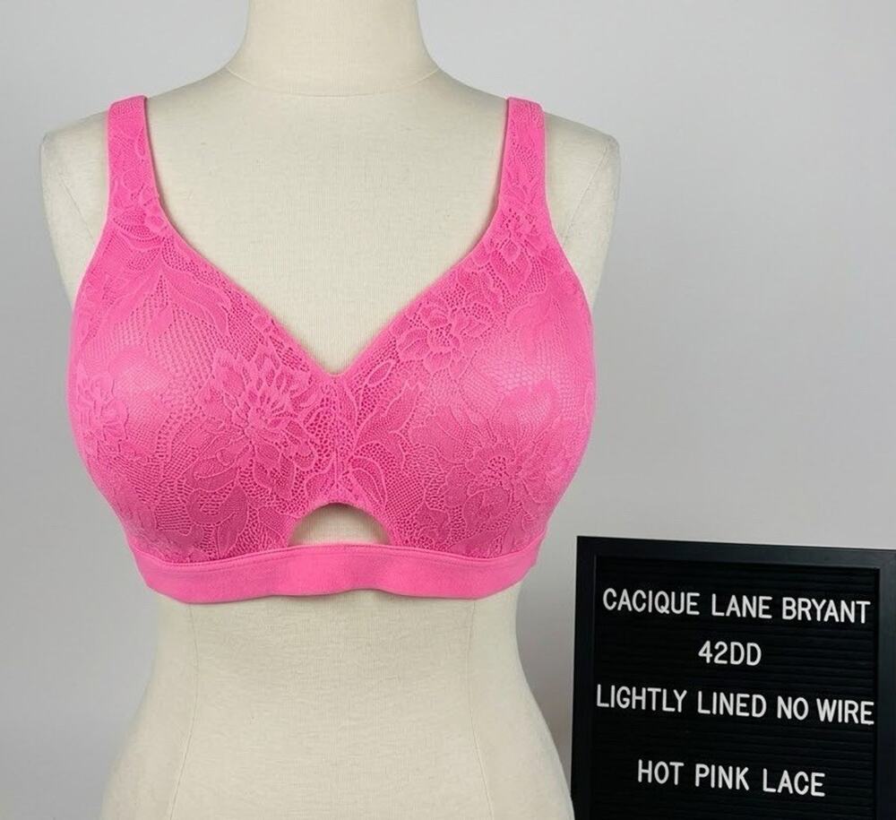 Cacique Lane Bryant 42DD Lightly Lined No Wire Lace Bra Hot Pink Wireless Plus